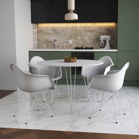 Mesa Jantar Redonda 90cm Branca Clips 3 Pés com 4 Poltronas Brancas Ferro Branco - Cor: Branco