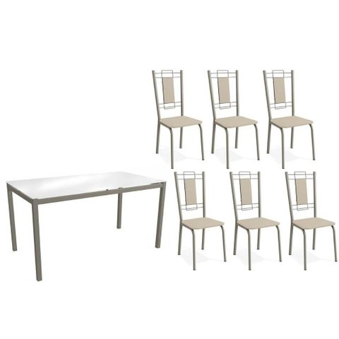 Conjunto: Mesa de Cozinha Reno C/ Tampo de Vidro 150cm e 4 Cadeiras Florença Niquel - Courano Bege