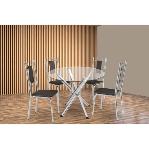 Sala de Jantar Completa Volga C/ Tampo de Vidro 95cm e 4 Cadeiras Florença Cromada - Courano Preto