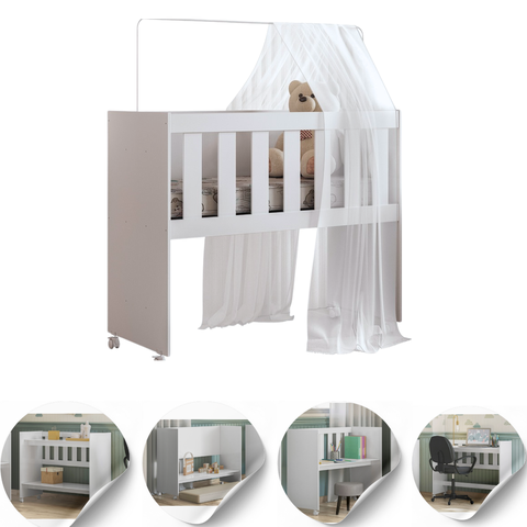 Mini Berço Multifuncional 5 em 1 Mdf Quarto Bebê Moderno:branco