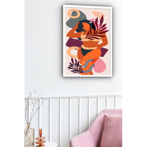 Quadro Decorativo Abstrato Tropical Mulher - 70x50cm:moldura Branca