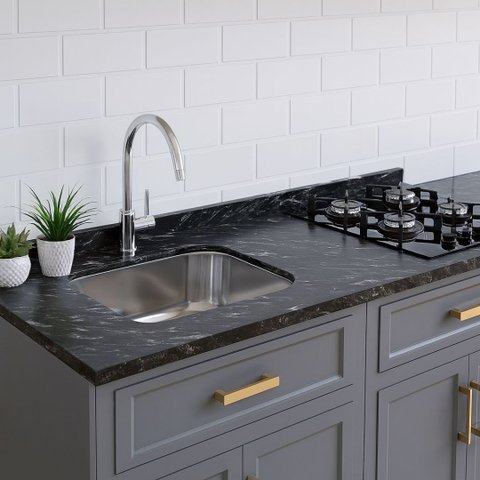 Pia Cozinha Granito Preto Indiano 200cm Parte Cooktop e Cuba: Preto Indiano
