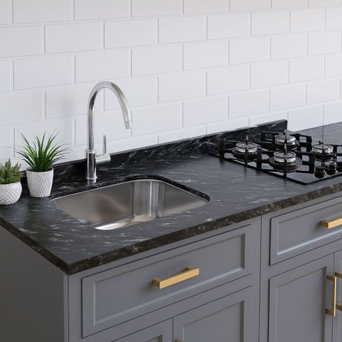 Pia Cozinha Granito Preto Indiano 200cm Parte Cooktop e Cuba: Preto Indiano
