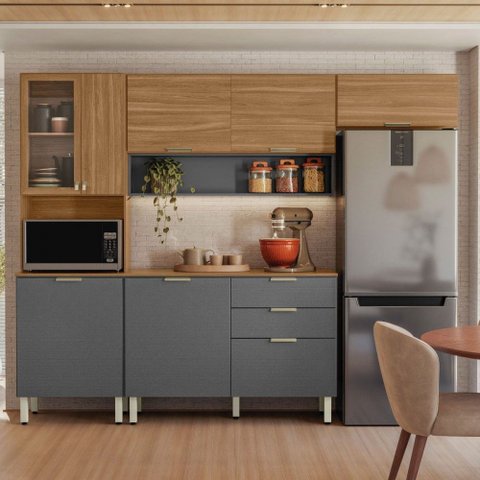 Cozinha Completa Alba 8 Portas 2 Gavetas com Vidro Amêndola/grafito Prime Tx - Demóbile