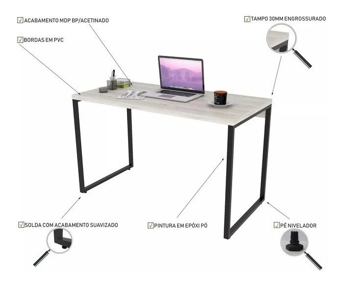 Mesa Para Escritório Office Estilo Industrial 1,20m Kuadra - 4