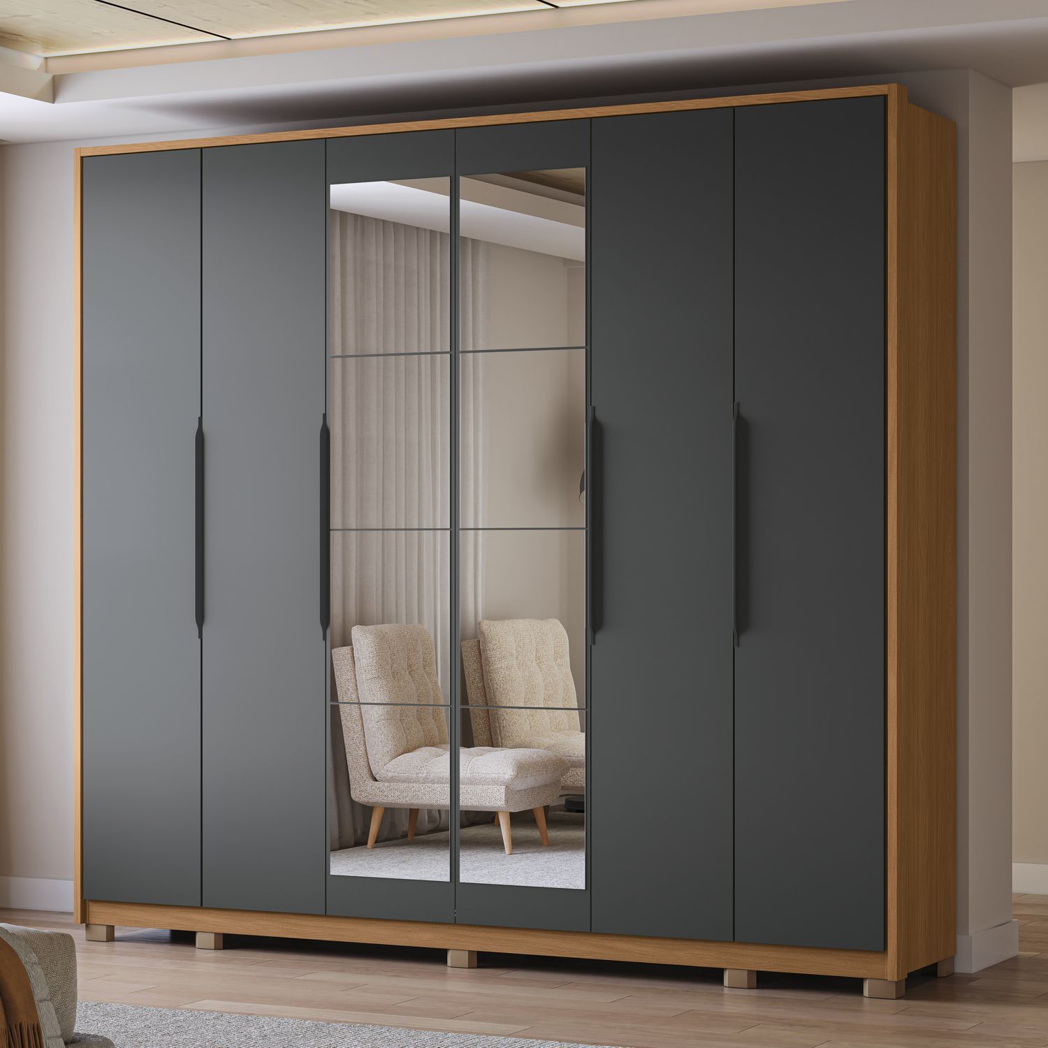 Guarda Roupa Casal 6 Portas e 4 Gavetas Espelho 260cm Cb01t581