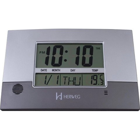 Relógio de Parede ou Mesa Digital Lcd Calendário Termômetro Prata Herweg 6473