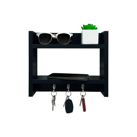 Porta Chaves de Parede com Suporte Carteira Celular 25 x 30cm Preto