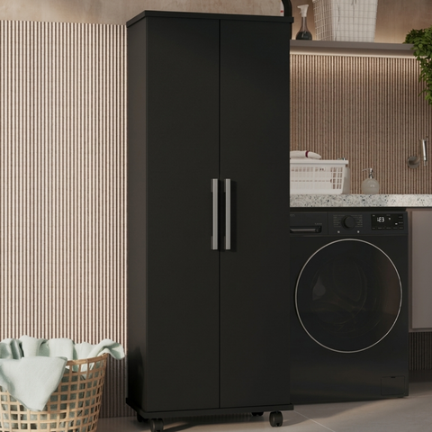 Armário Organizador Multiuso com 2 Portas e Rodízios Preto com Prateleiras Internas