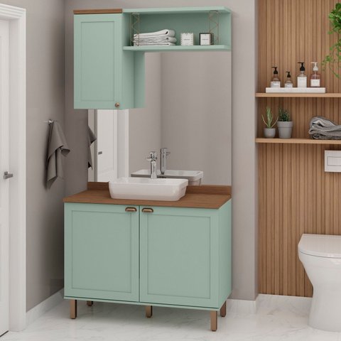 Conjunto de Banheiro Modulado 100% MDF Americano 3 Peças Iluminata Verde/Mint/Ébano