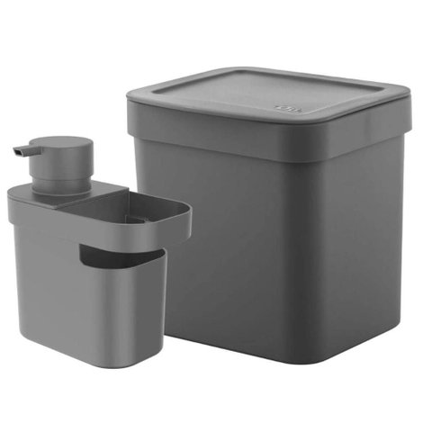 Kit Dispenser de Detergente 650ml Lixeira de Pia Trium 4,7l ou Chumbo Organizador Casa Cozinha