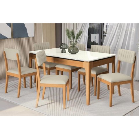 Conjunto Mesa Mira Premium Madeira Maciça C/ Tampo Madeirado C/ Vidro 160x90cm e 6 Cadeiras Telma
