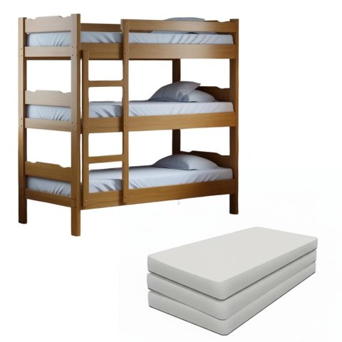 Treliche com 3 Colchões Solteiro em Madeira Maciça Reforçada