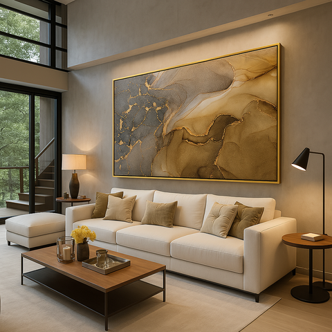 Quadro Decorativo Abstrato Marmorizado Marrom e Dourado