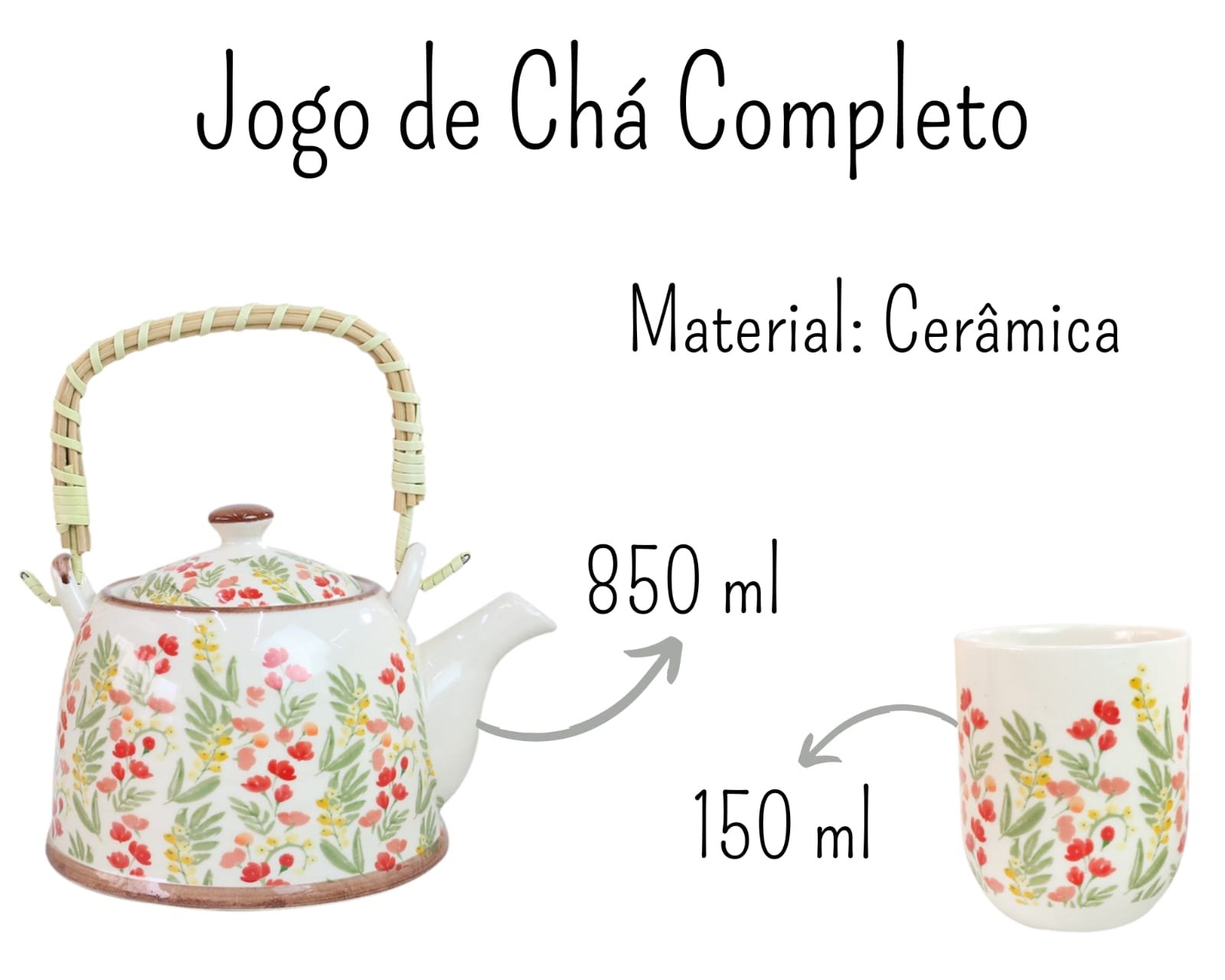 Bule Chaleira Cerâmica Oriental Decorativa com 6 Copos e Infusor Estampa 17 - 7