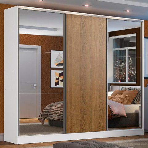 Guarda Roupa Casal 100% Mdf Madesa Zurique 3 Portas de Correr com Espelhos - Branco/rustic