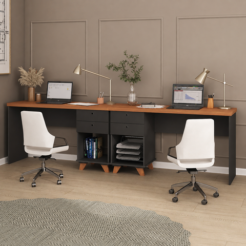 Kit Home Office e Escritório Completo para 2 Pessoas - 2 Peças Sky Retrô Preto/Freijó Artany