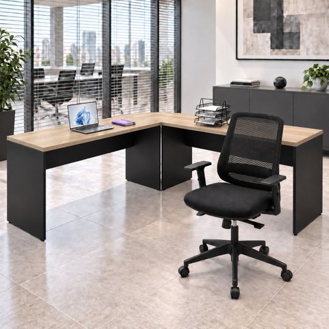 Mesa de Escritório em L 140x60cm com Conexão + Cadeira de Escritório Netflex Ergonômica Reclinável