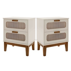 Kit 2 Mesa de Cabeceira com 2 Gavetas Santorini 45cm Pés de Madeira para Quarto Off White Retrô