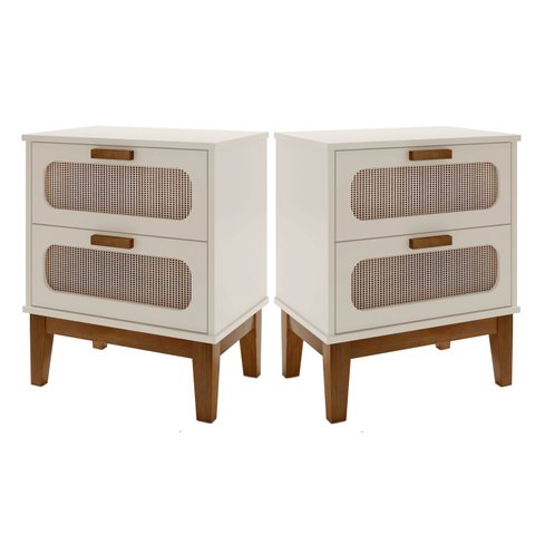 Kit 2 Mesa de Cabeceira com 2 Gavetas Santorini 45cm Pés de Madeira para Quarto Off White Retrô
