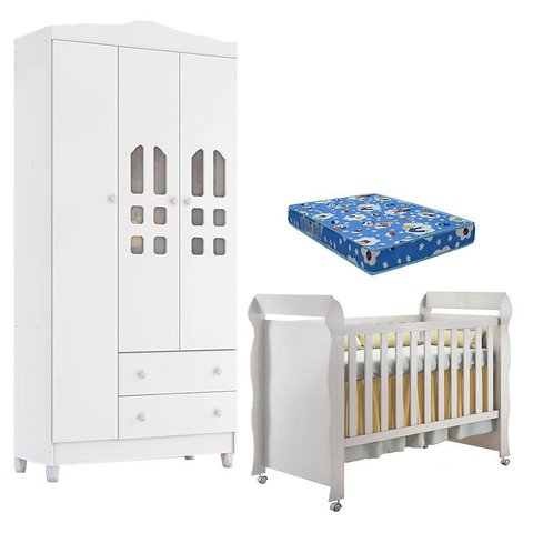 Berço Americano Mirelle e Guarda Roupa New Selena 3 Portas Branco Brilho com Colchão Ortobom – Carol