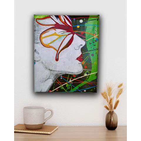 Quadro Abstrato Decorativo em Acrílico Pintado a Mão de Rosto Feminino Estilizado com Borboleta