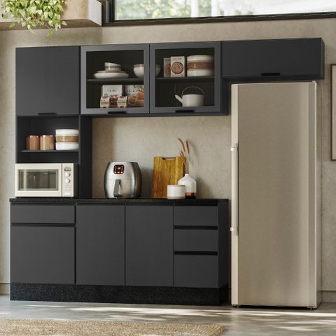 Cozinha Completa Modulada Etna 5 Peças 2.58cm Cinza Grafite 2 com Tampo -  Poliman