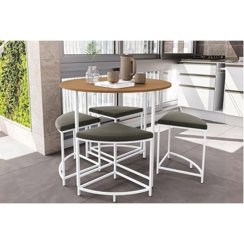 Mesa de Sala Jantar Li038 C/ Tampo Madeirado 90 Cm + 4 Banquetas Canela/branco - Kappesberg