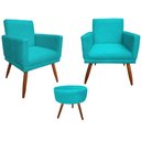Ver imagem 1 de Kit 2 Poltronas Decorativa Nina Riscado + Puff Redondo Suede Azul Tifany Pés Madeira Ms Decor