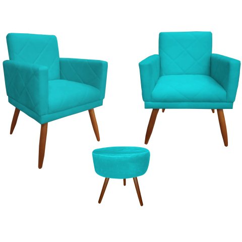 Kit 2 Poltronas Decorativa Nina Riscado + Puff Redondo Suede Azul Tifany Pés Madeira Ms Decor