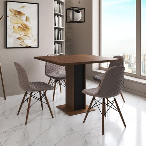 Mesa Jantar Londres Quadrada Amêndoa 90cm Base Preta 4 Cadeiras Eames Estofadas Caramelo Madeira