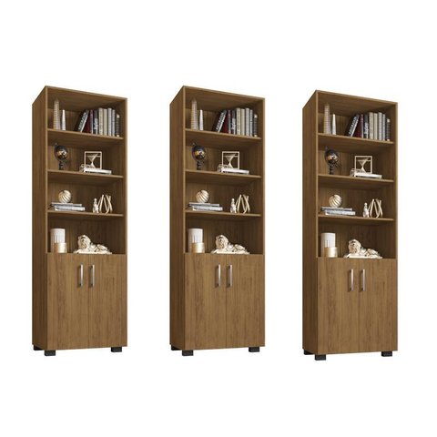 Kit Escritório com 3 Livreiros Portas Pequenas Office Freijó - Fdecor