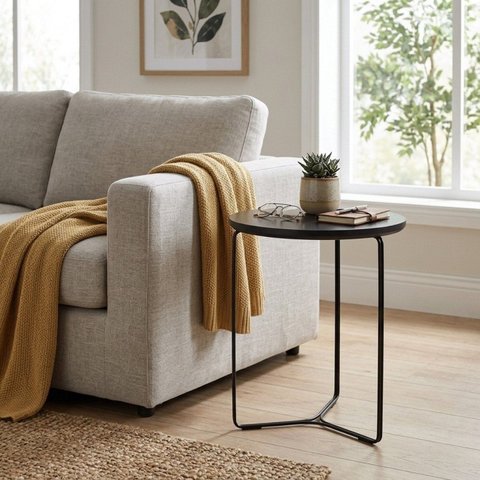 Mesa Lateral Minimalista Lille em Metal Preto com Tampo Redondo
