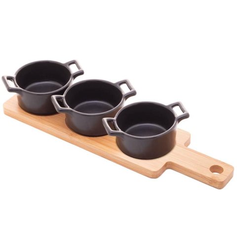 Petisqueira Bambu 3 Ramekins Panelinhas Porcelana Preta Serv