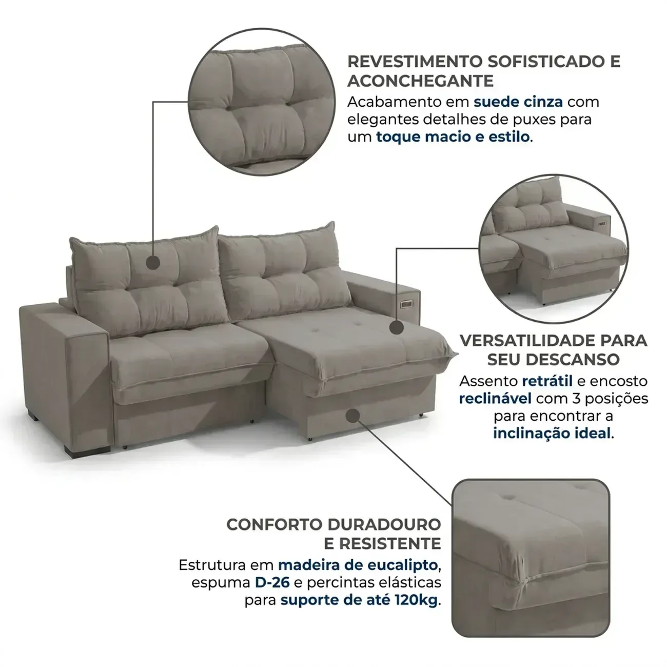 Ver imagem 5 de Sofá Retrátil e Reclinável 2 Lugares Dorian 235cm em Suede Cinza