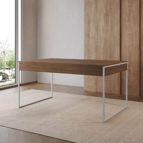 Mesa Jantar Industrial Retangular Filadélfia Amêndoa 137x90cm Base Ferro Branco