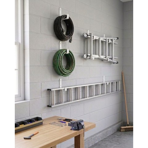 6 Suportes Design Gancho Multiuso Mangueira Escada Organização Externa Fixação de Parede Branco