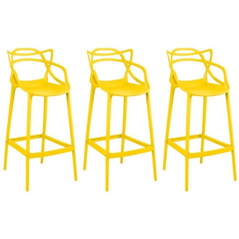 Kit 3 Banqueta Alta Allegra com Encosto Design Cozinha/bancada - Amarelo