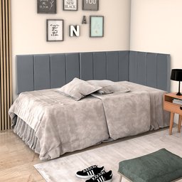 Conjunto Cabeceira Painel Estofada com Lateral para Cama de Solteiro Veludo Cinza 0,90 X 1,88 - 2
