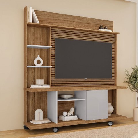 Estante para Tv até 47 Polegadas 1 Porta Velletri Ripado 3d Off White/cinamomo - Pnr Móveis