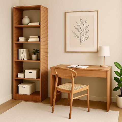 Kit 2 Peças Escrivaninha e Estante Prateleiras Freijó Ripado Marrom