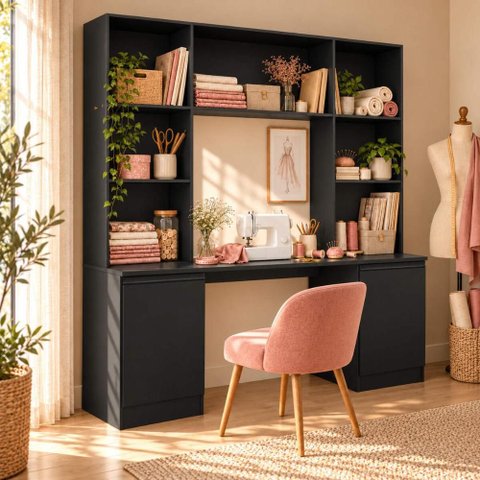 Mesa de Costura com Estante e 2 Portas para Ateliê 180cm Multimóveis MP6112 Preto
