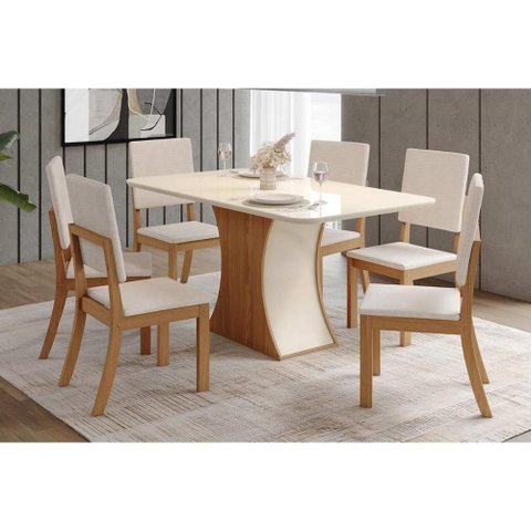 Conjunto: Mesa Sala Jantar Luiza C/ Tampo Curvo Madeirado C/ Vidro 160x80cm e 6 Cadeiras Milla