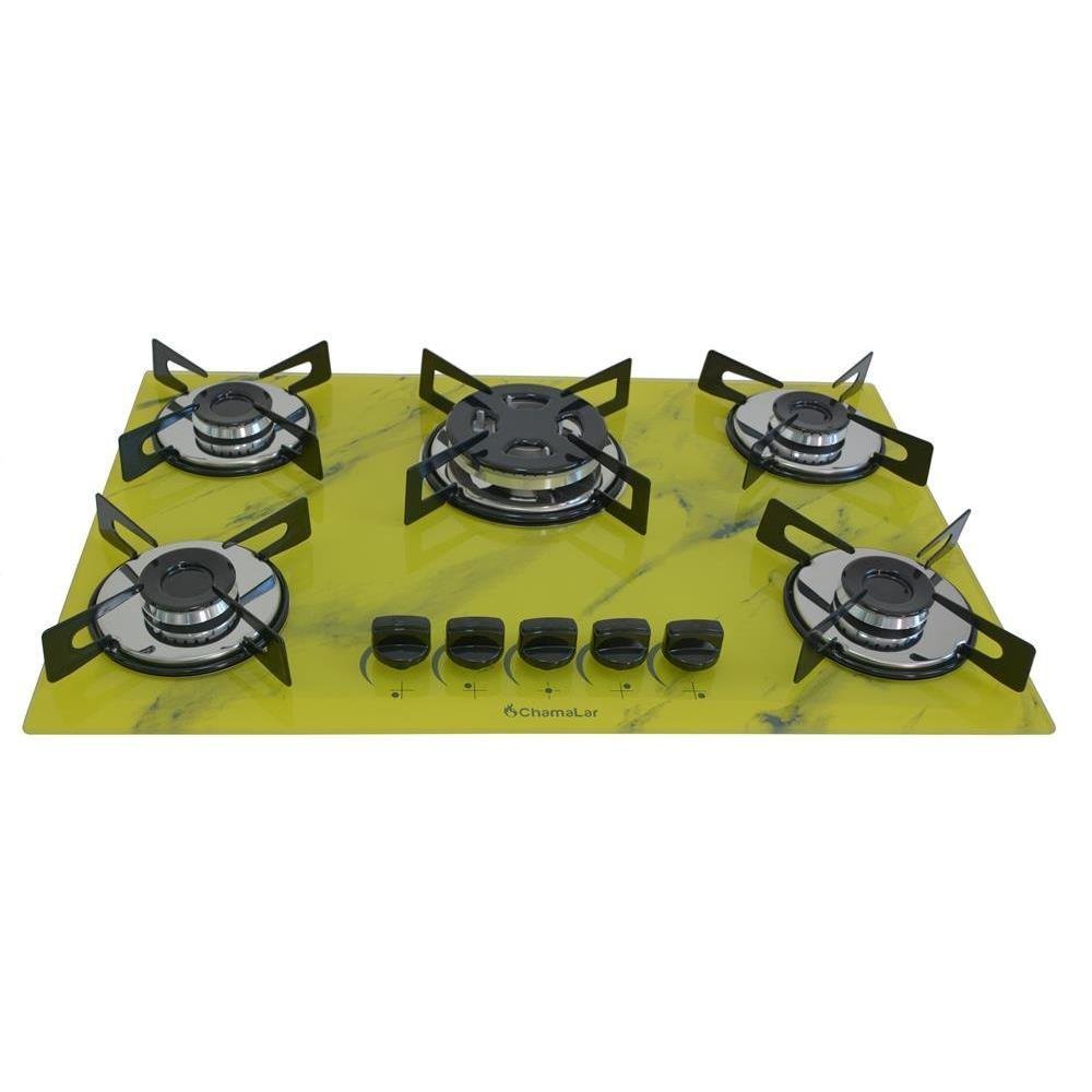 Fogão Cooktop a Gás Chapa 5 Bocas Tripla Chama 127/220v Marmorizado Marmore Amarelo