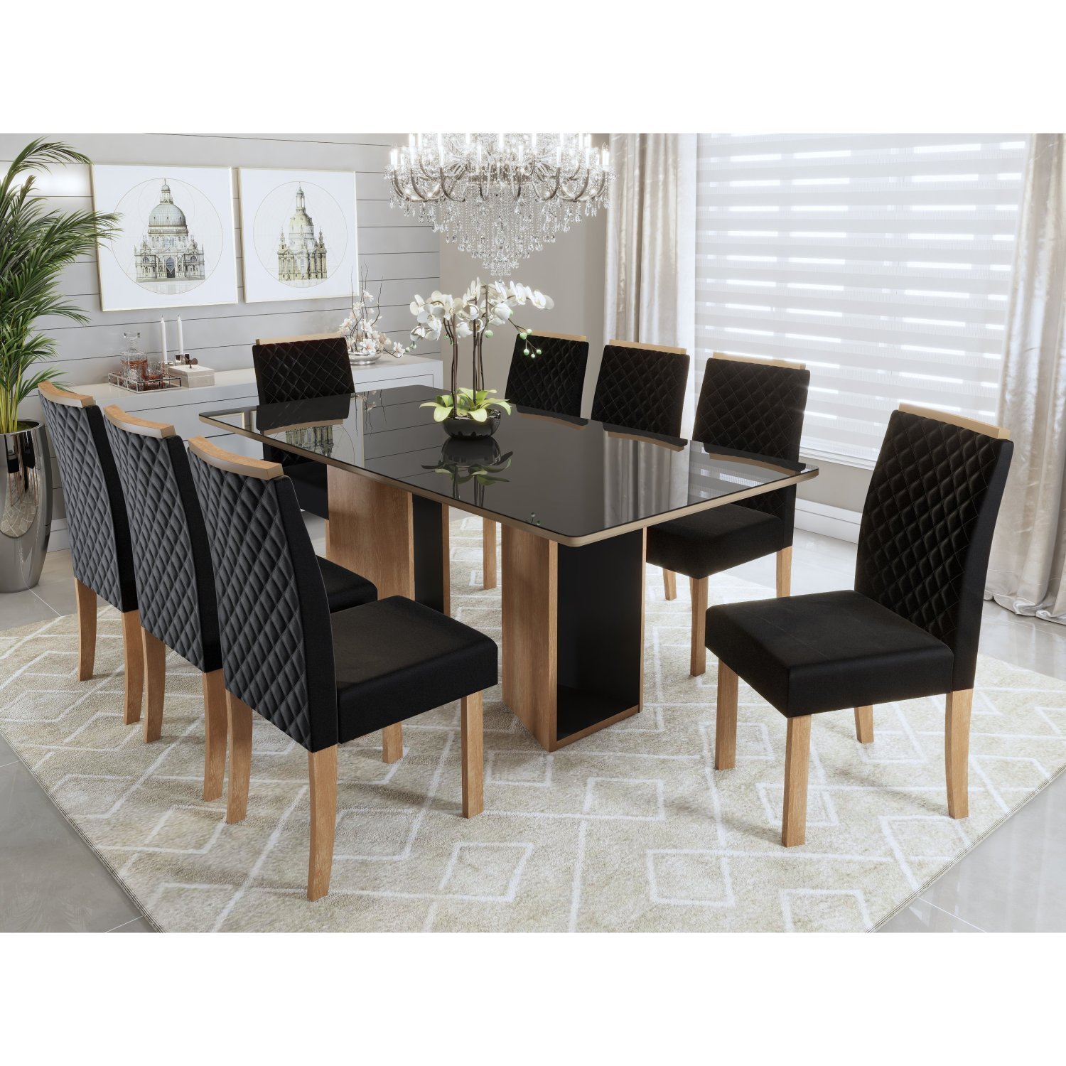 Conjunto Sala de Jantar Mesa Ayla 200cm Tampo Vidro/MDF com 8 Cadeiras Elegance Sonetto Móveis