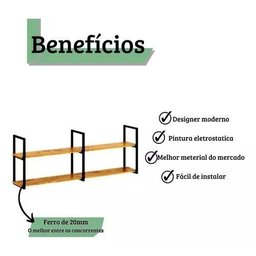 Kit de Suportes em Metalon Estilo Industrial 3 Hastes Preto Brilhante - 3