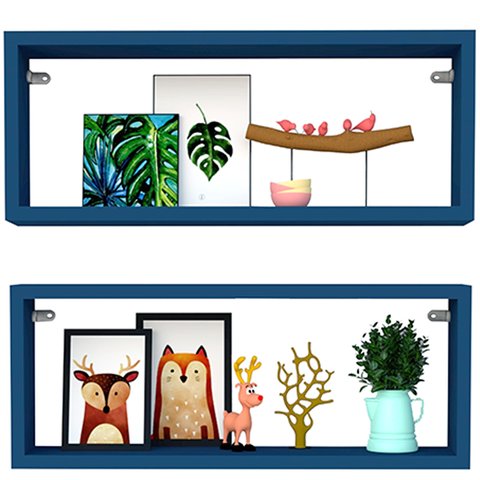 Kit 2 Nicho Retangular Azul 70x20x10p Mdf Decorativo