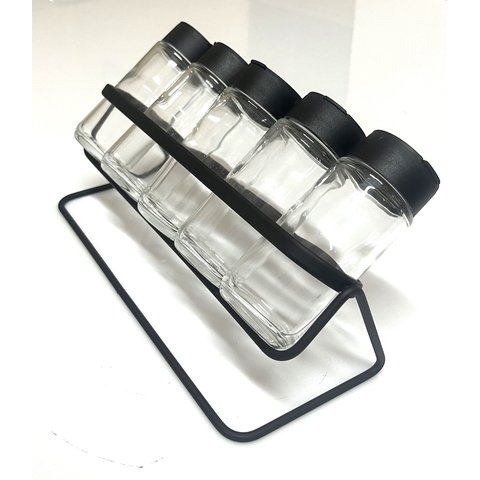 Porta Tempero Condimento 5 Potes Vidro Tampa Dosadora Suporte Preto Organização Cozinha