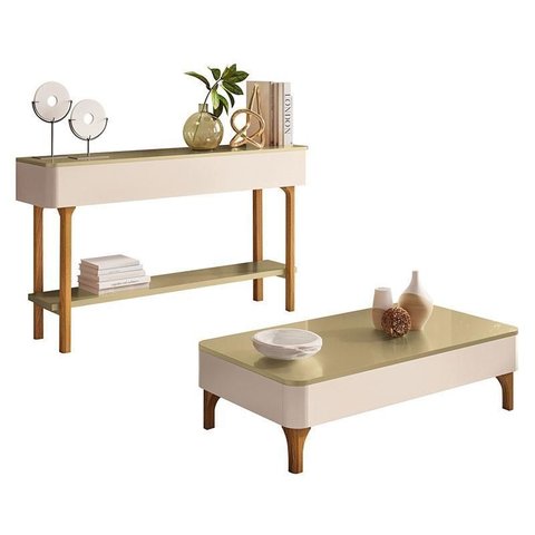 Mesa de Centro Liz e Aparador Fiero Off White Champanhe - Hb Móveis