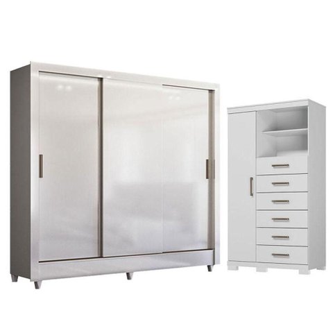 Guarda Roupa Casal Itália 3 Portas Correr 2 Gavetas MDF-MDP Branco Brilho com Cômoda Marabá